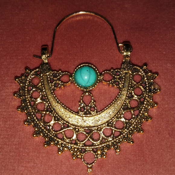 Bronze Turquoise Filigree Hoop Earrings Bohemian Gold Lace Boho Huggie Hoops - Picture 3 of 4